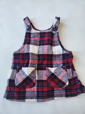 Joe Fresh Red and Navy Plaid Flannel Baby Pinafore Dress Sleeveless With Pockets